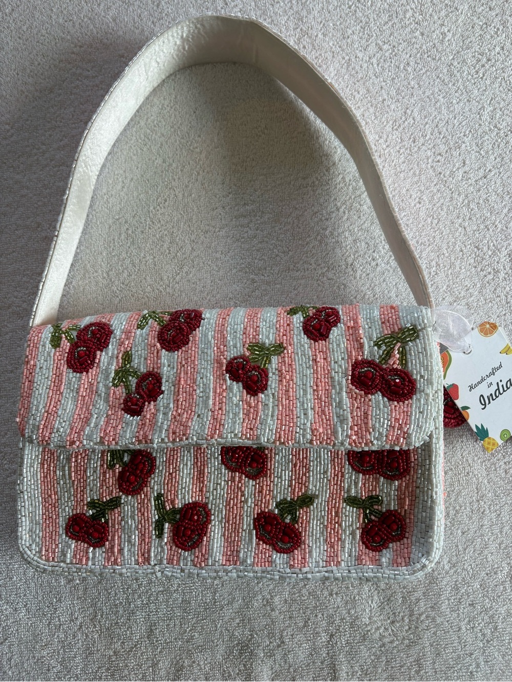 NWT Viral Beaded Cherry Bag Pink White Stripe Shoulder Purse - Picture 4 of 10